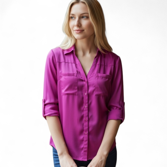 Express Tops - Express Portofino Dark Pink Button Up Blouse Womens Size XS Petite